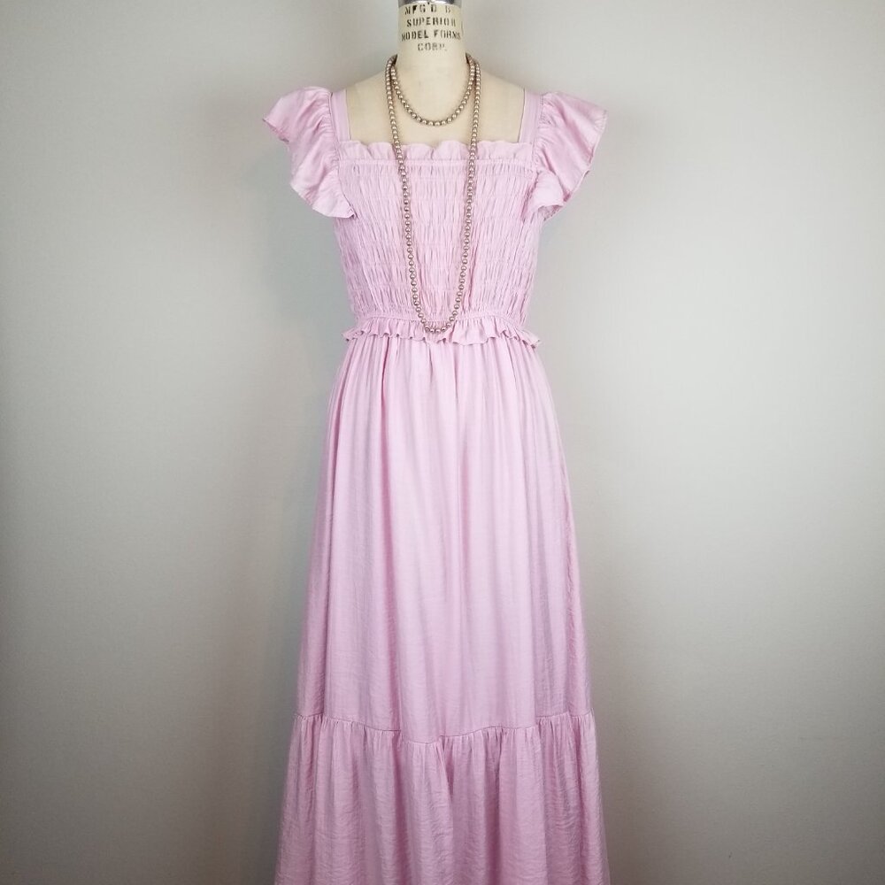 Moon River Pink A Line Midi Dress Smocked Bodice Flutter Sleeves * Medium